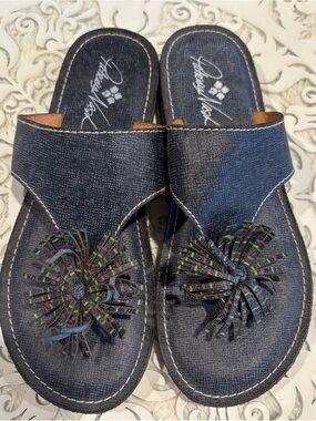 Patricia Nash Navy Blue Slide Sandals with Decorative Tassels